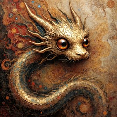 The primary subject of the image is a dragon, which is the main object, scene, or focus of the image. The dragon is depicted in a painting or drawing, with a brown and blue color scheme. The setting or background features a brown and blue surface, which complements the dragon's appearance. The visual style of the image is artistic, as it is a painting or drawing, rather than a photo or digital art. The overall atmosphere of the image is intriguing and captivating, as the drag